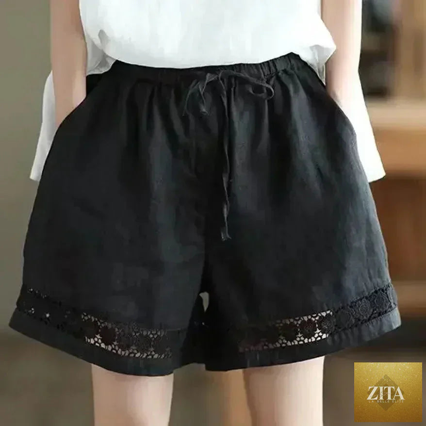 Femstylo cotton linen vintage high-waist shorts with tie belt, embroidery, and hollow design, casual straight fit in new style.