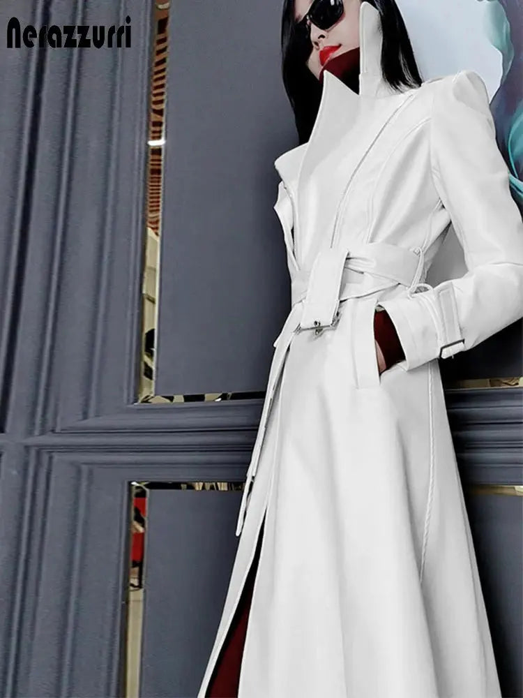 Nerazzurri Spring Runway White Long Leather Trench Coat for Women Long Sleeve Elegant Luxury fashion Womens Coats 2021 Designer ZITA LA BELLE ÉLITE