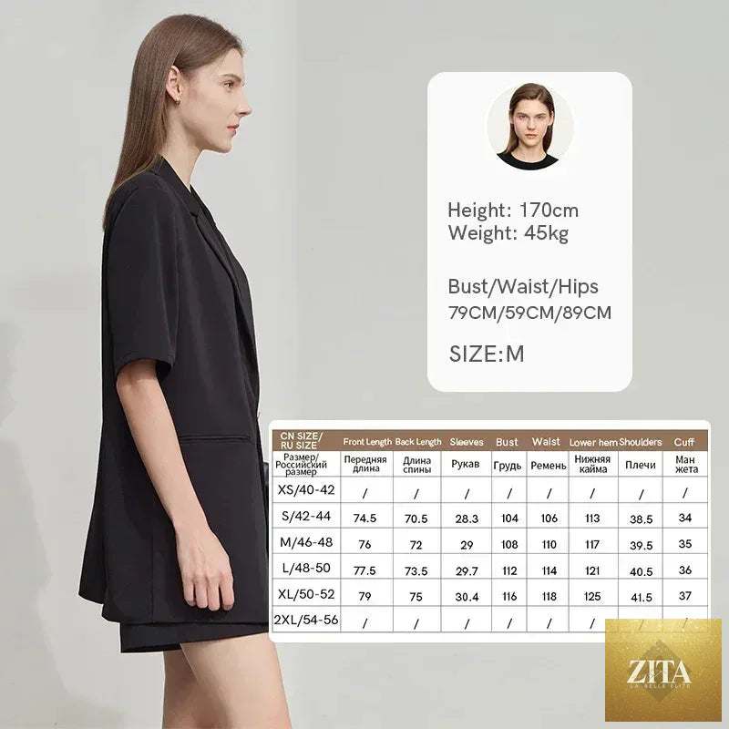 Femstylo Amii women's minimalist blazer with notched lapel, contrast patchwork, short sleeves, one-button design, summer fashion