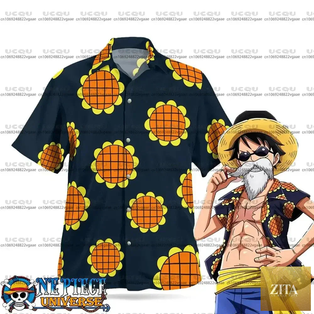 Luffy Dressrosa cosplay trousers and Hawaiian shirt from One Piece set by Zita La Belle Elite, featuring colorful fabric and character-themed design.