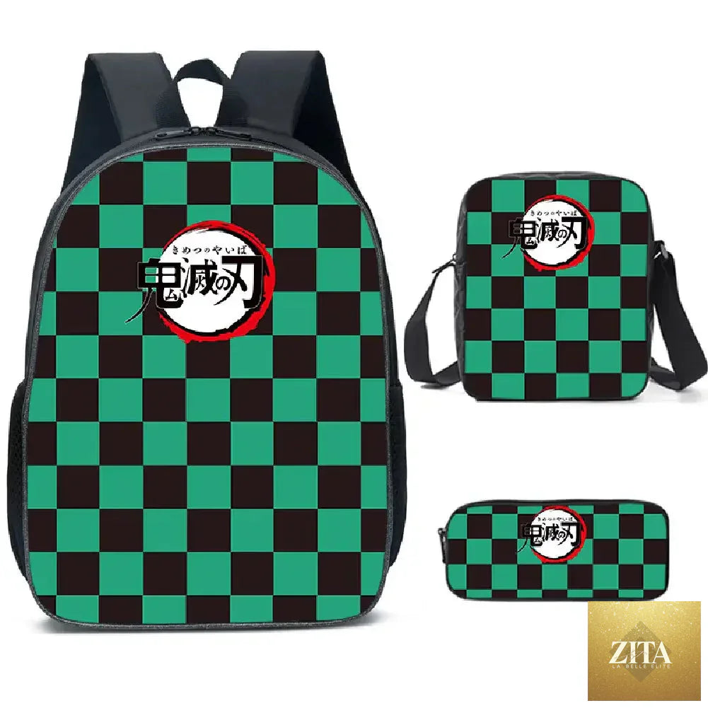 Nezuko Demon Slayer backpack from Infinite Visibility, part of 3-piece schoolbag set, featuring colorful anime character design.