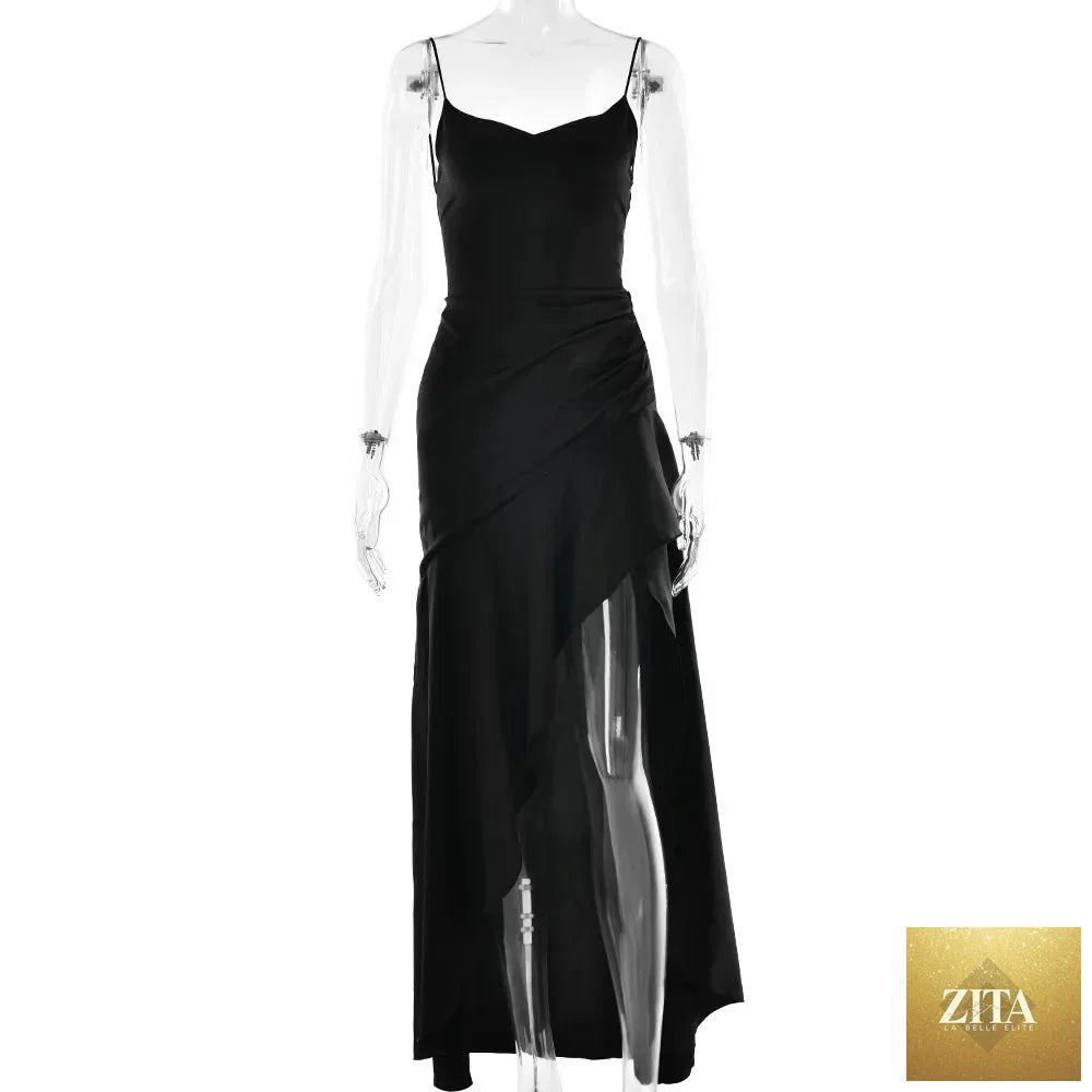 Elegant satin long women’s evening skirt with suspenders, ruffle details, high slit, perfect for club or formal events.