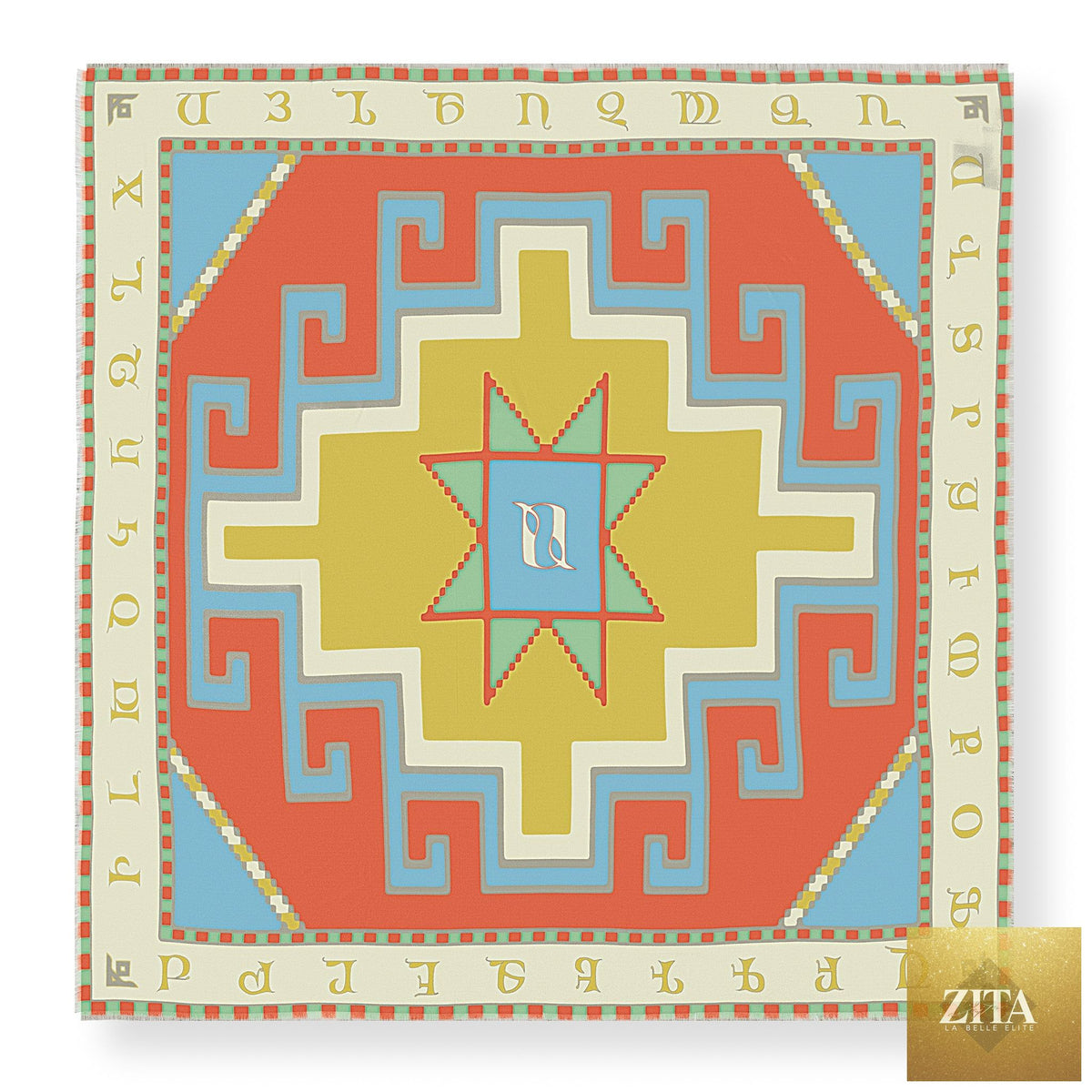 Arganian alphabet #3 silk square scarf by Anet's Collection LLC featuring vibrant Armenian script on soft silk fabric.