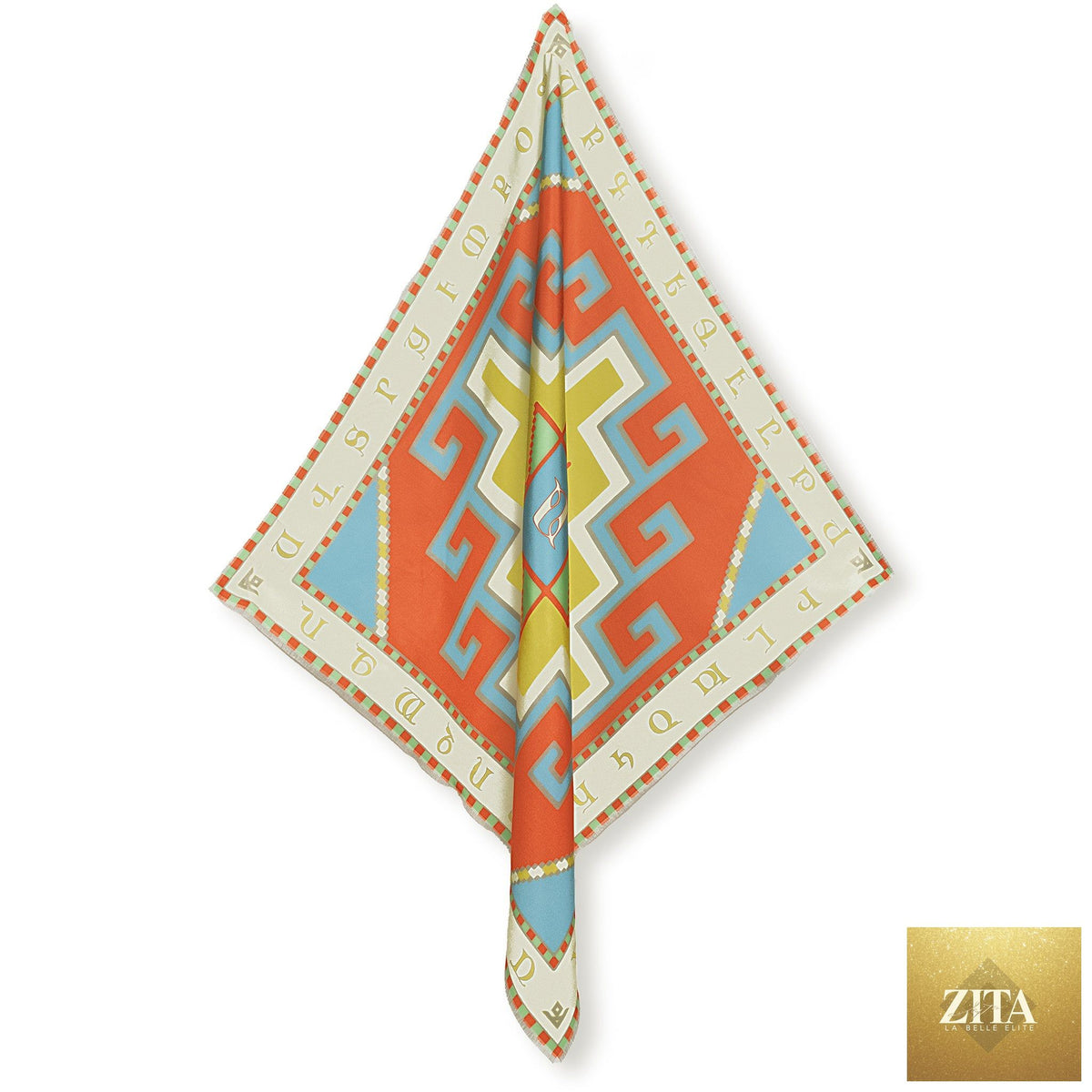 Armenian Alphabet #3 silk square scarf from Anet's Collection LLC featuring vibrant Armenian script design and soft fabric.