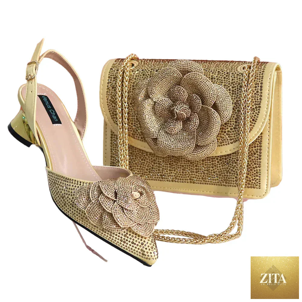 Elegant lady shoes and matching handbag set with rhinestones by EdleessFashion, showcasing luxurious design and sparkling details.