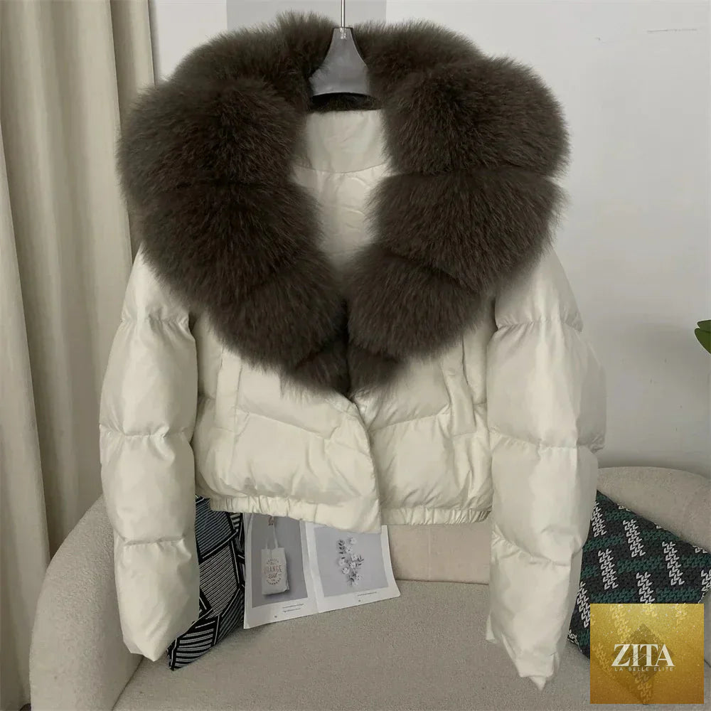 Down Jacket Women Short Puffer Jacket Thick New Big Natural Real Fox Fur Coat Autumn Winter Female White Duck Down Coat Feather