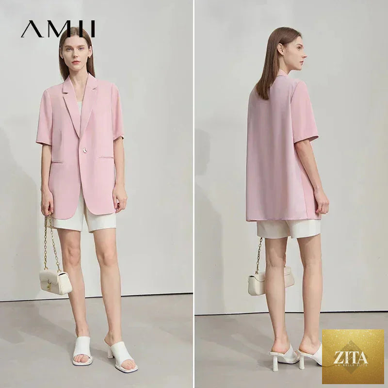Femstylo Amii Women's minimalist summer blazer with notched lapel, contrast patchwork, and single button short sleeves.