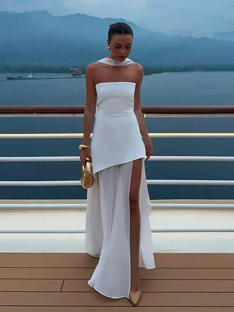Elegant FLIPSTYLEZLLC solid spliced ribbon maxi dress for women, strapless, sleeveless, with a slit, perfect for summer holidays and parties.