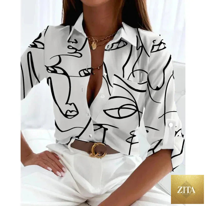 Women’s printed long-sleeve lapel shirt by FitiqueFit, casual elegant blouse with a stylish pattern and tailored fit.