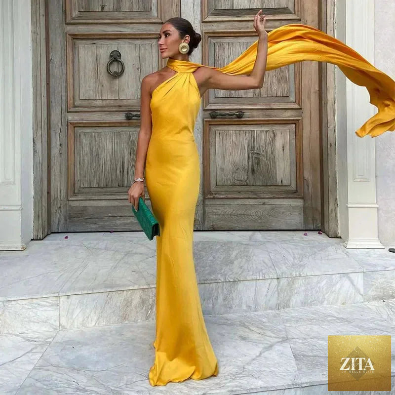 Femstylo backless lace-up maxi dress with ribbon straps, sleeveless evening gown, perfect for formal parties and events.