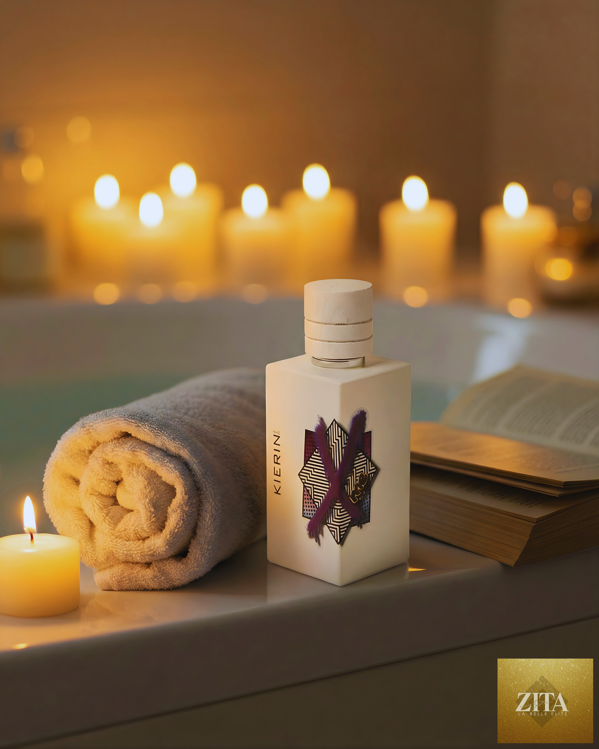 KIERIN ScentXme eau de parfum fragrance bottle with a candle beside it, displayed on a bathtub surface.