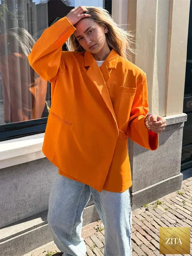 Women's Femstylo V-neck long sleeve suit jacket with side buttons, solid color, oversized fit, and pocket cuffs, suitable for high street fashion.