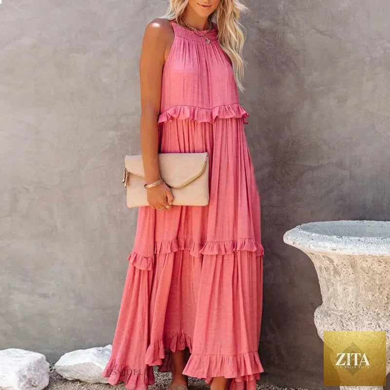 Elegant apricot ruffle maxi dress by Zita La Belle Elite, featuring flowing fabric and casualwear style for a sophisticated look.