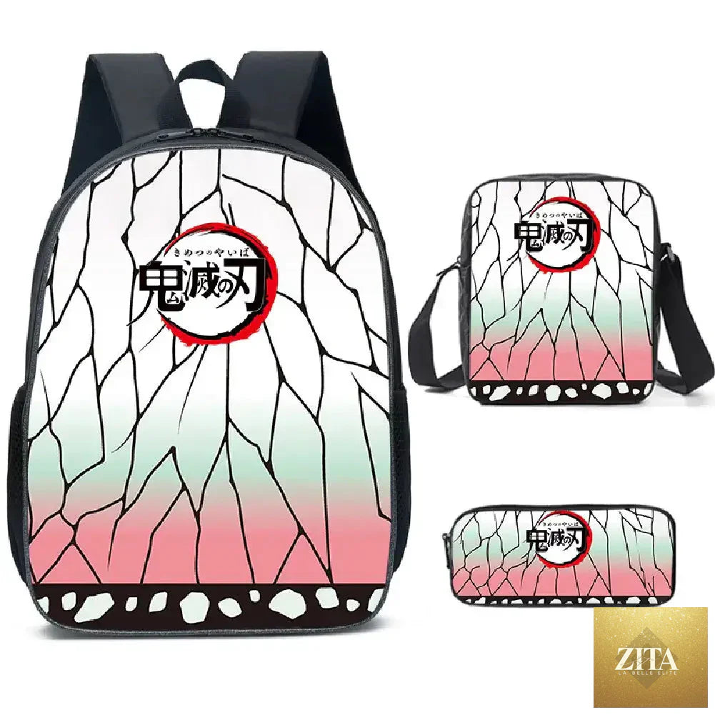 Nezuko Demon Slayer backpack from Infinite Visibility with matching schoolbag set, featuring colorful anime character design and adjustable straps.