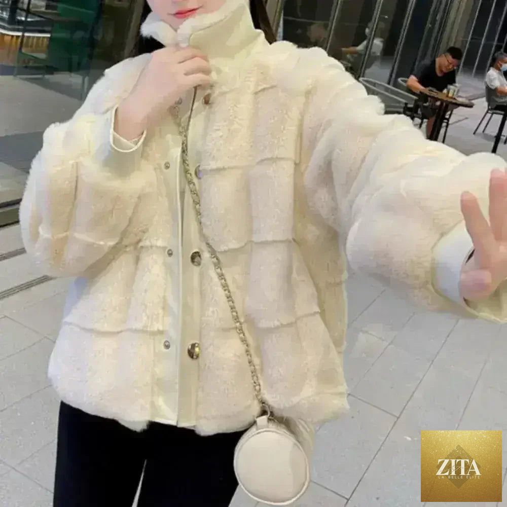 White faux fur jacket with vegan leather trimmed cuffs from Zita La Belle Elite, available in S to XXL, cozy and stylish outerwear.