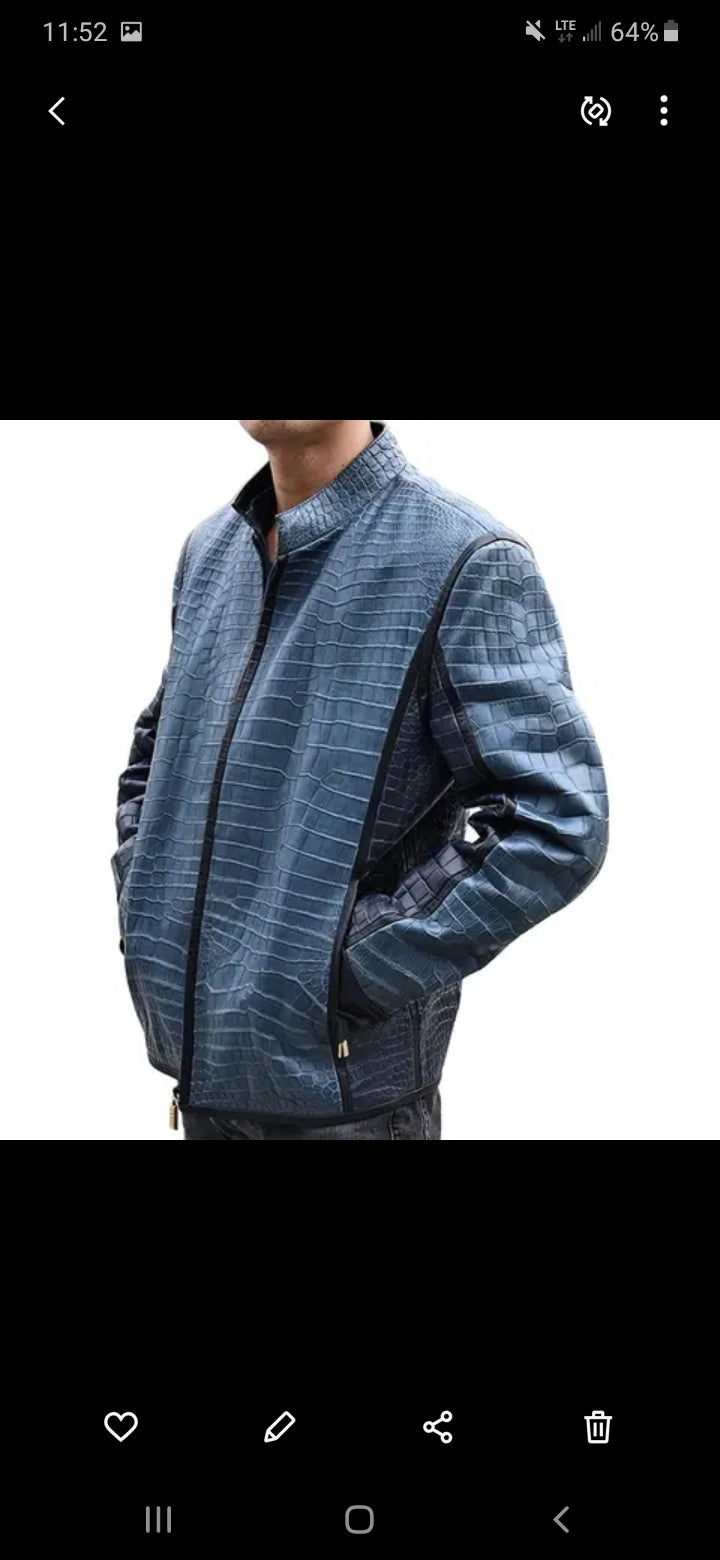 Handmade men's crocodile leather jacket by Don John, featuring textured crocodile skin, stylish collar, and sleek fit.