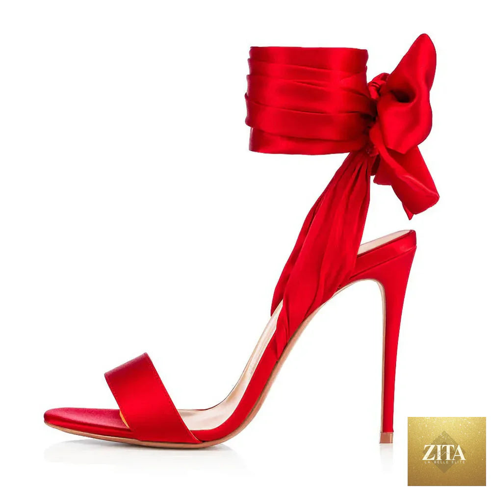 Summer satin bow cross-band open-toe women sandals with thin high heels, stylish and sexy footwear by SMinvite, LLC.