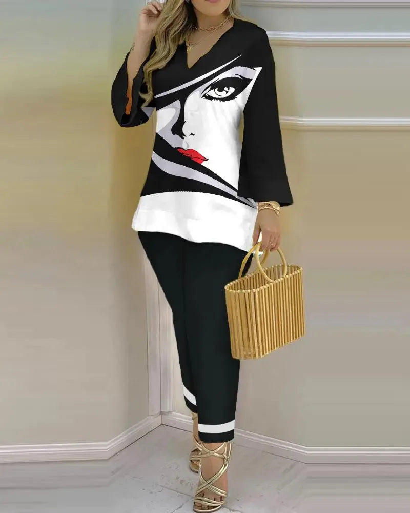 Women’s long sleeve V-neck two-piece set with printed polyester fabric, stylish and comfortable for casual wear.