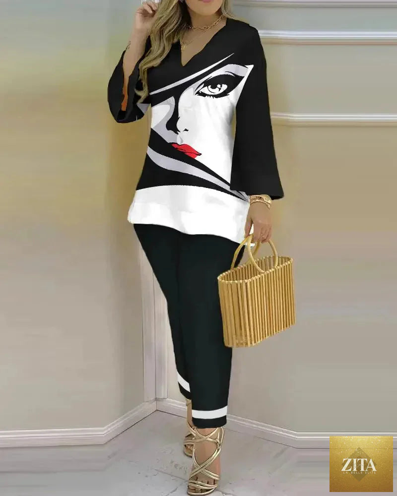Women’s long sleeve V-neck two-piece set with printed polyester fabric, stylish and comfortable for casual wear.