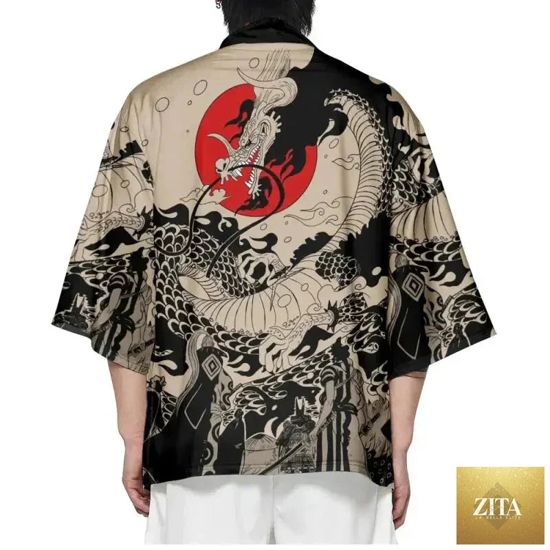 Japanese anime dragon print haori yukata from FitiqueFit, featuring summer streetwear style with vibrant dragon design.