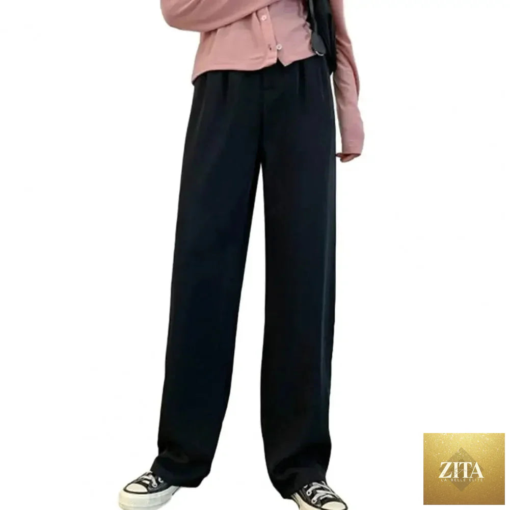 Women’s high waist wide-leg trousers by Ladyez, solid color office pants with elastic waistband and slant pockets.