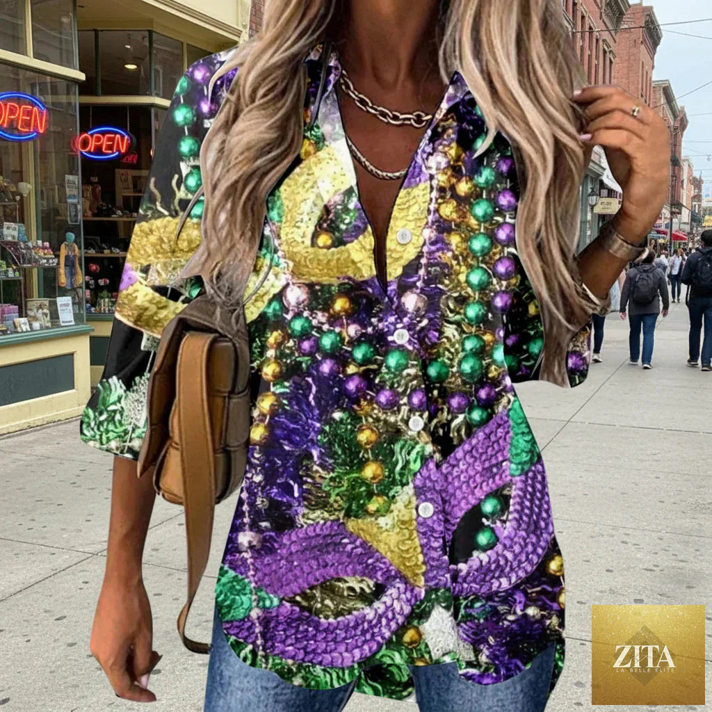Zita La Belle Elite Mardi Gras women's V-neck long sleeve casual carnival print shirt featuring vibrant Mardi Gras-themed designs.
