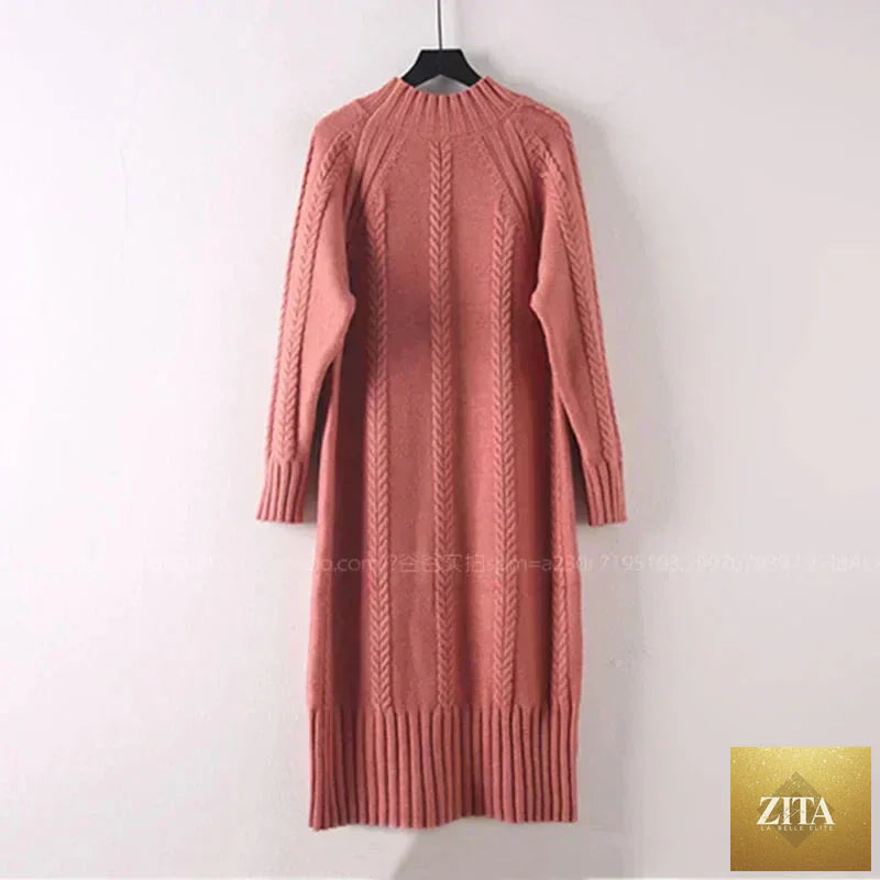 Women’s velvet winter sweater dress with mock neck, rib knit midi length, thick plus velvet fabric, styled with coats.