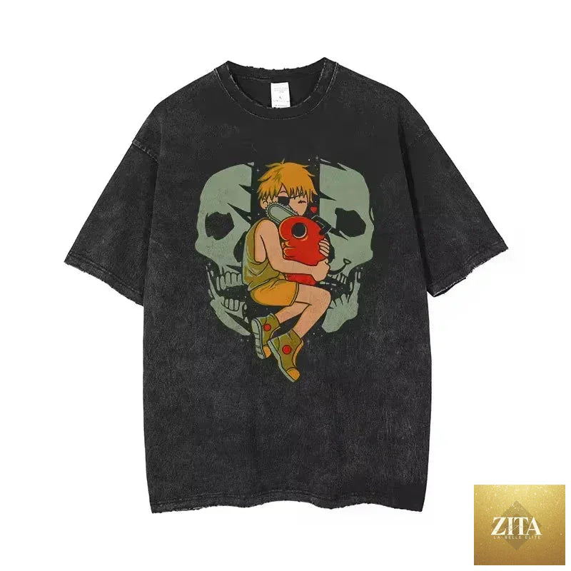 Chainsaw Man acid-washed vintage graphic T-shirt from Zita La Belle Elite, featuring bold streetwear design and edgy artwork.