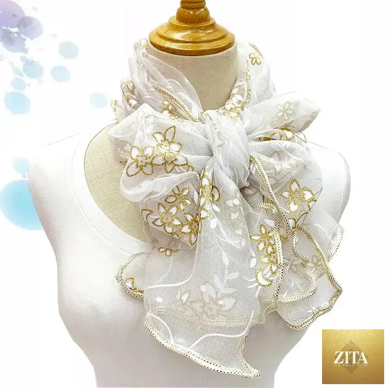 Women’s lightweight lace scarf with elegant print, silk neckerchief shawl wrap, stylish accessory from Trendy Attic Store01.