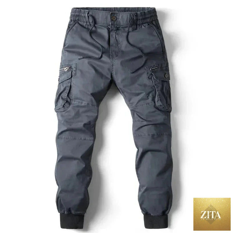 Mandotos men's gray cargo pants made of cotton, full-length tactical military-style trousers with multiple pockets.