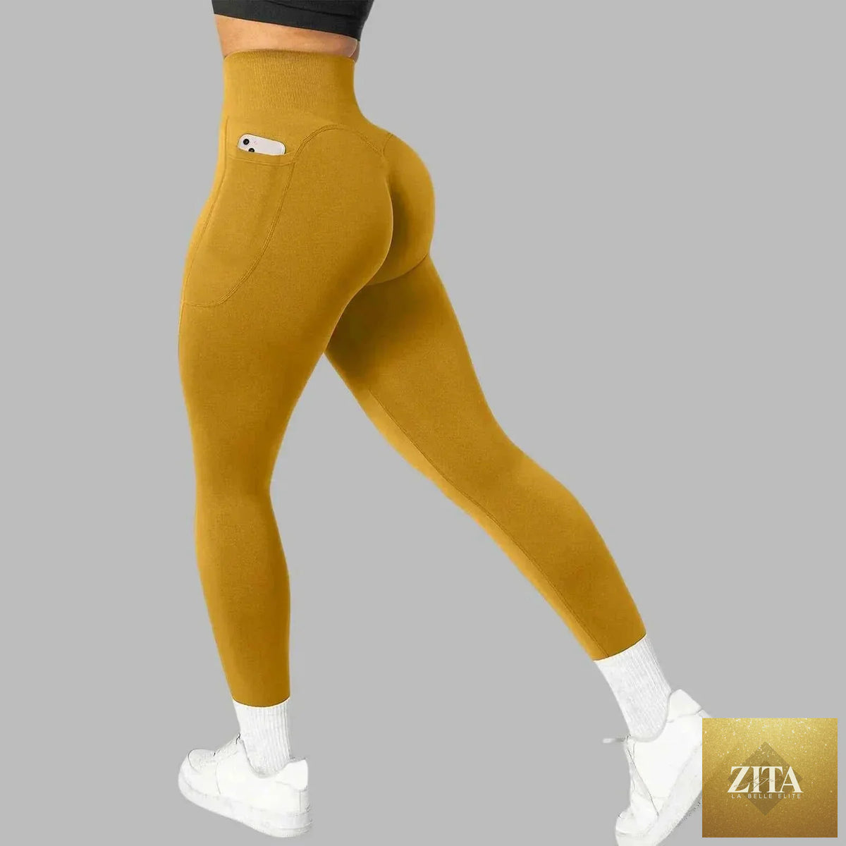 Women's seamless pocket yoga leggings by THRIXINE, showing a close-up of the soft, stretchy fabric with integrated side pockets.