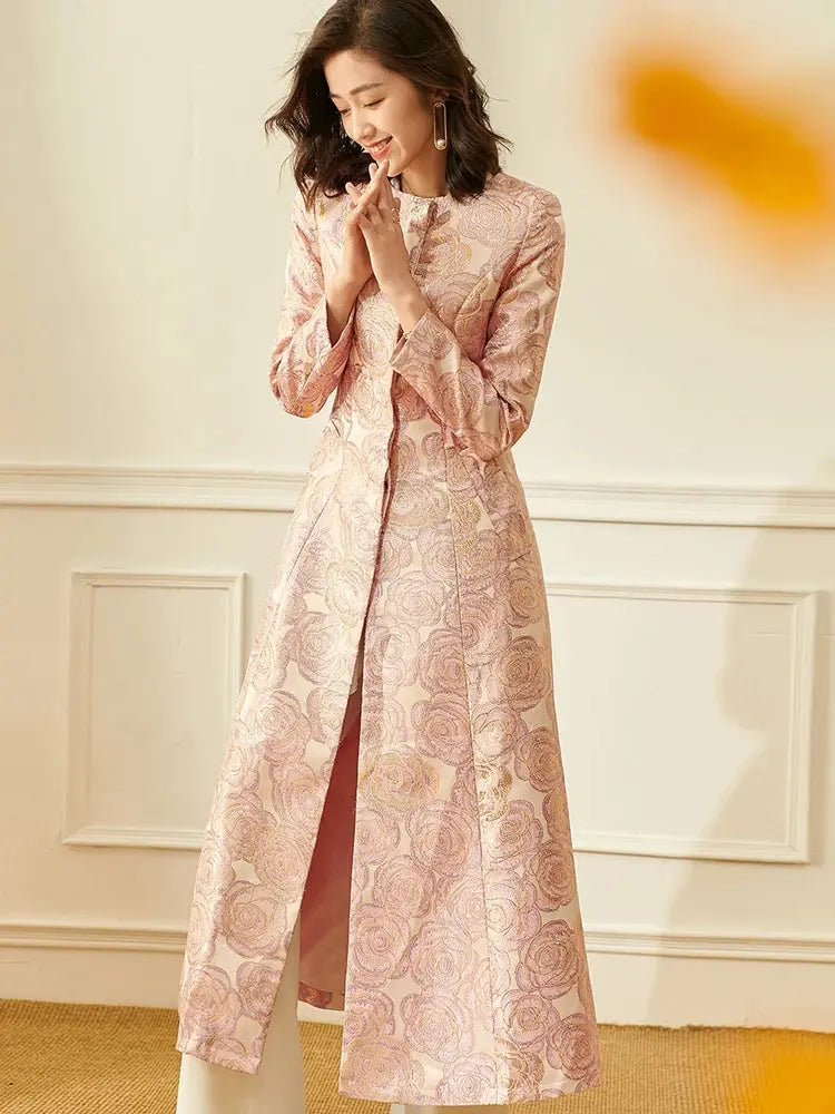 Luxury Women Long Trench Jacquard Coat Button Front Overcoat Fall Winter Floral Elegant Jackets Outerwear Party Outfit Clothes ZITA LA BELLE ÉLITE