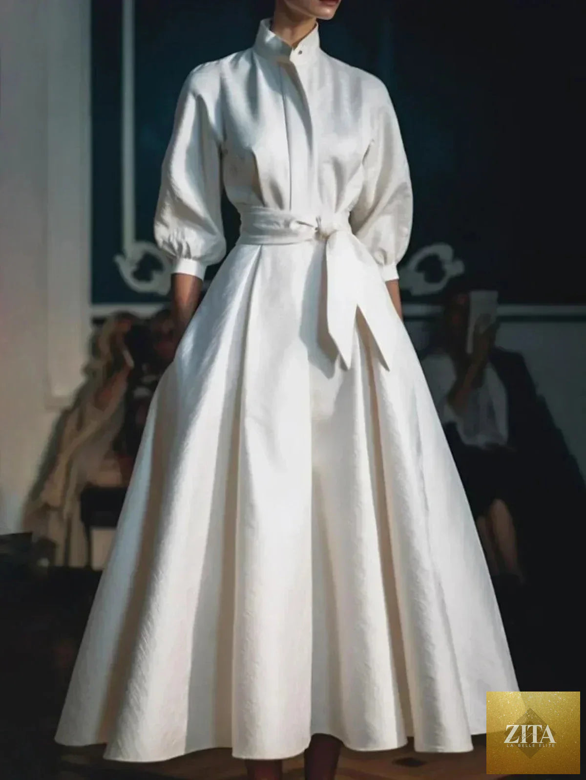 Elegant women's solid color stand collar shirt dress by Femstylo, casual mid-length waisted dress for evening or parties.