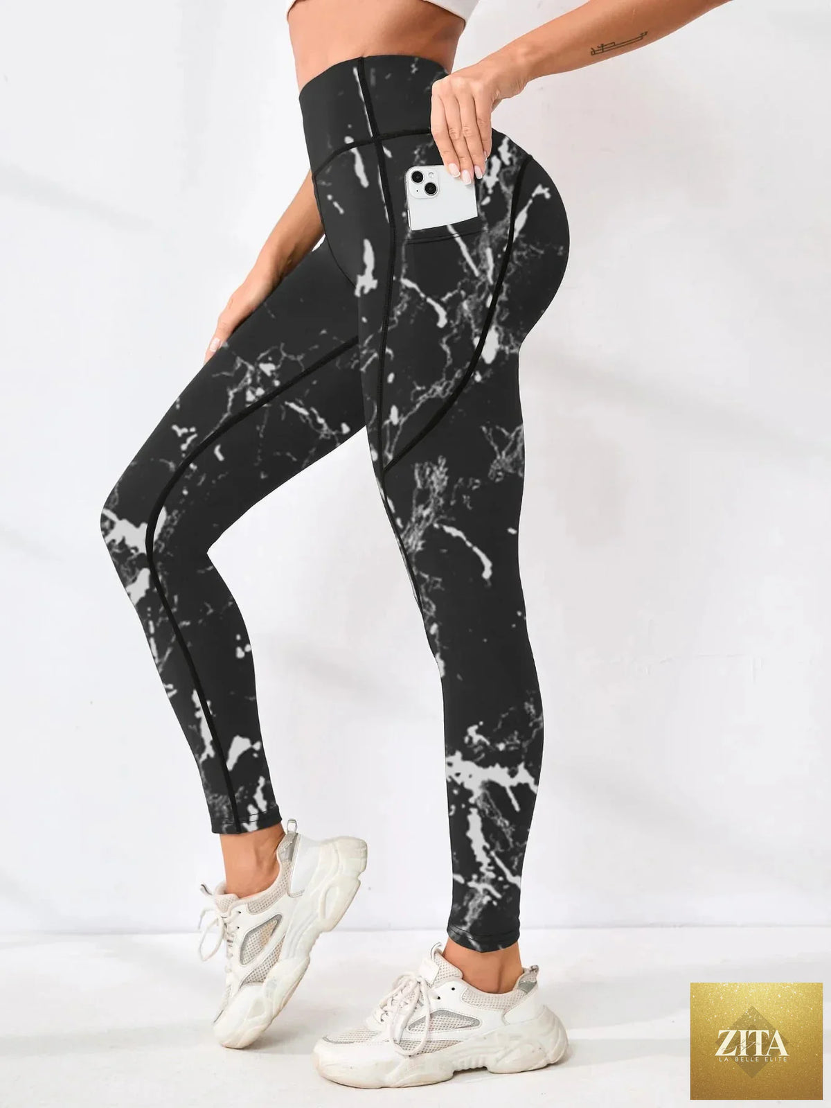Printed high-waist pocket fitness leggings for women by FitiqueFit, featuring a stylish design and functional pockets.