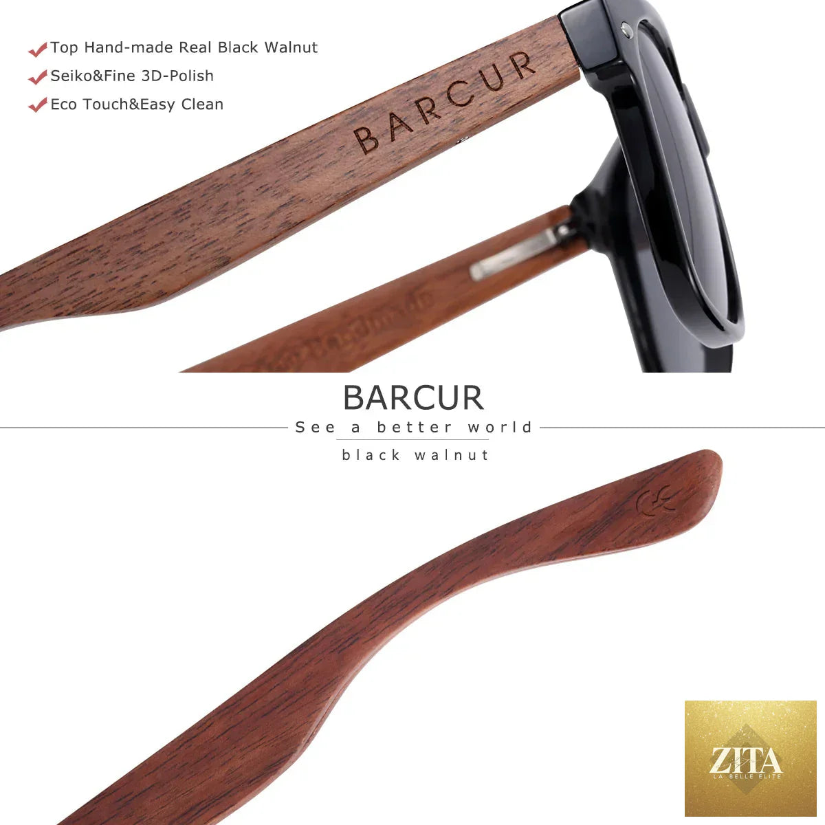 Stevvex women’s sunglasses with dark luxury wood frames, polarized UVA/UVB protection, stylish mirror legs, perfect for summer.