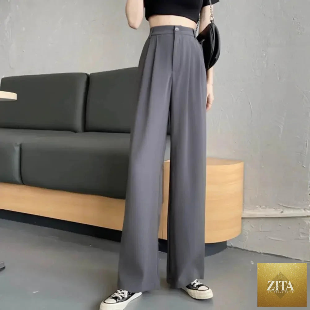 Ladyez women's high waist straight wide leg trousers in solid color with elastic waist, slant pockets, loose fit, suitable for office wear.