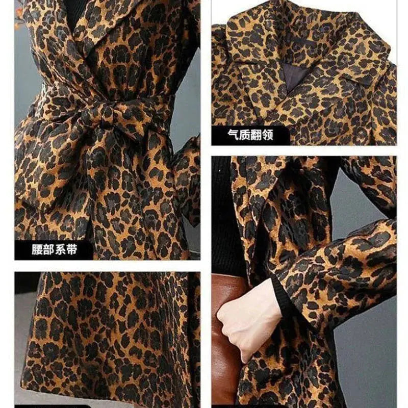 High End Fashion Leopard Coat Women Spring Autumn Korean Slim Long Trench Coat Female Windbreaker With Belt Mother Outwear 4XL ZITA LA BELLE ÉLITE