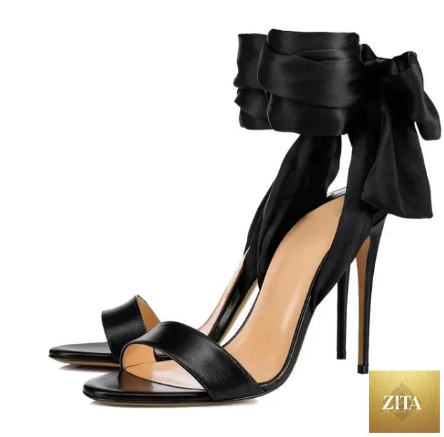 Summer satin bow cross-band open-toe women sandals with thin high heels, stylish and sexy footwear by SMinvite, LLC.