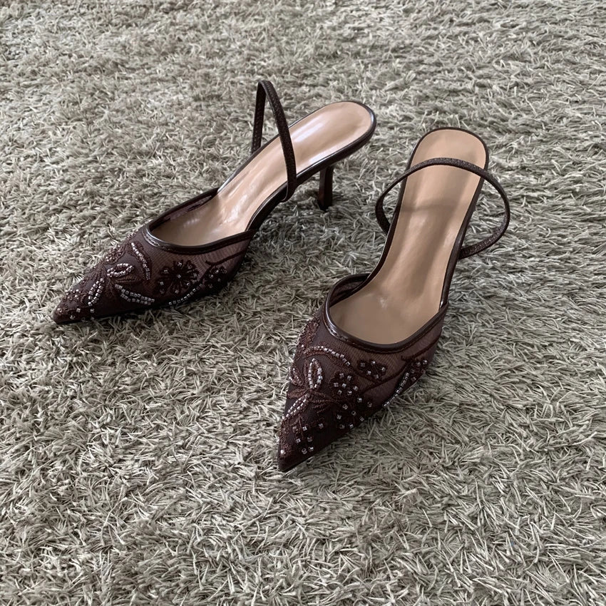 2026 String Bead Mesh Embroider Slingback High Heels Women Sexy Pointed Toe Heeled Sandals Summer Elegant Luxury Designer Shoes
