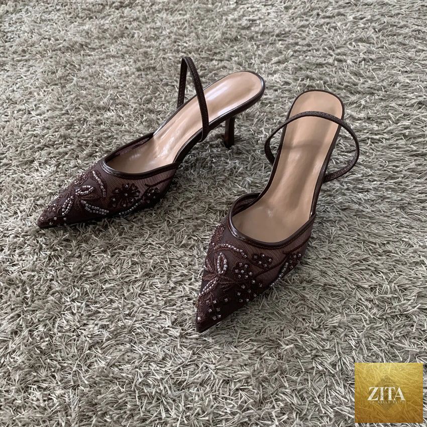 LadyShow.Store 2026 string bead mesh slingback high heels for women, pointed toe, elegant summer designer sandals with embellishments.