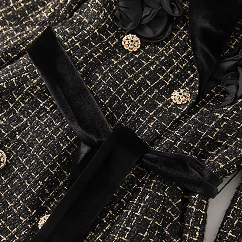 MoaaYina Winter Gray Black Coat With Grid Pattern And Double Breasted Lace Up Coat With Fungus Edge S-4XL ZITA LA BELLE ÉLITE