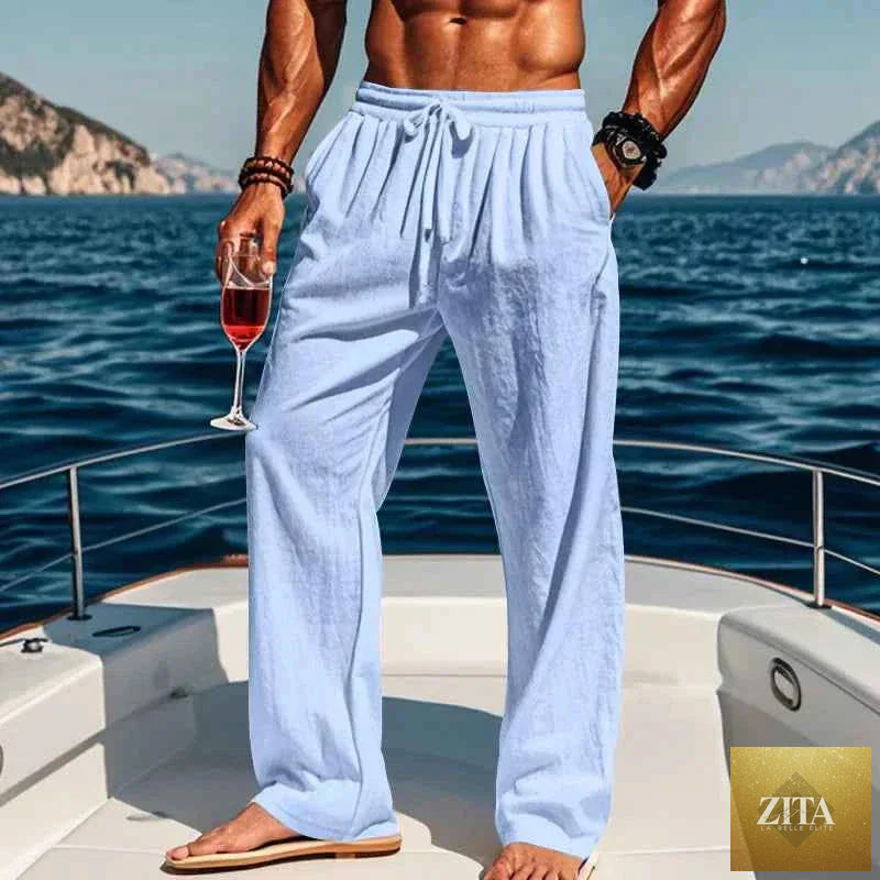 Men's linen yoga pants in 16 colors by THRIXINE, featuring lightweight, breathable fabric ideal for spring and summer yoga sessions.