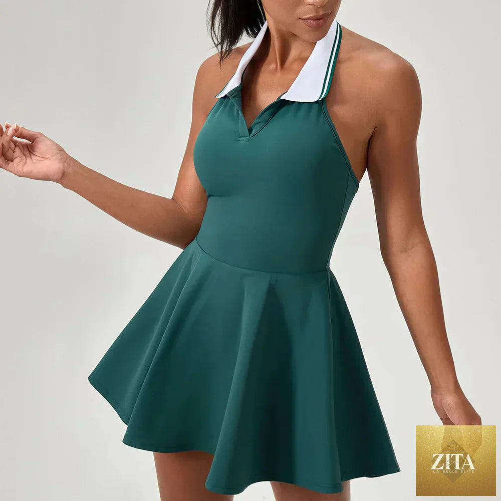 Women's A-line tennis jumpsuit dress by THRIXINE, featuring sporty design and comfortable fit for tennis and golf wear.