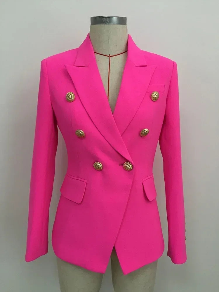 Femstylo women's leather blazer jacket with double-breasted design and metal lion buttons, available in sizes S to 5XL.