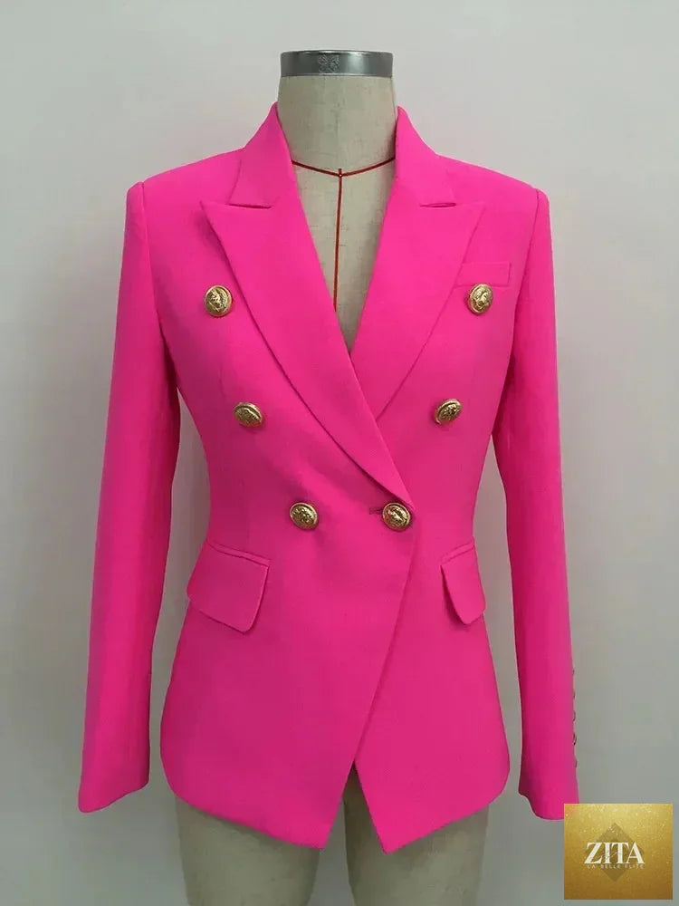 Femstylo women's leather blazer jacket with double-breasted design and metal lion buttons, available in sizes S to 5XL.