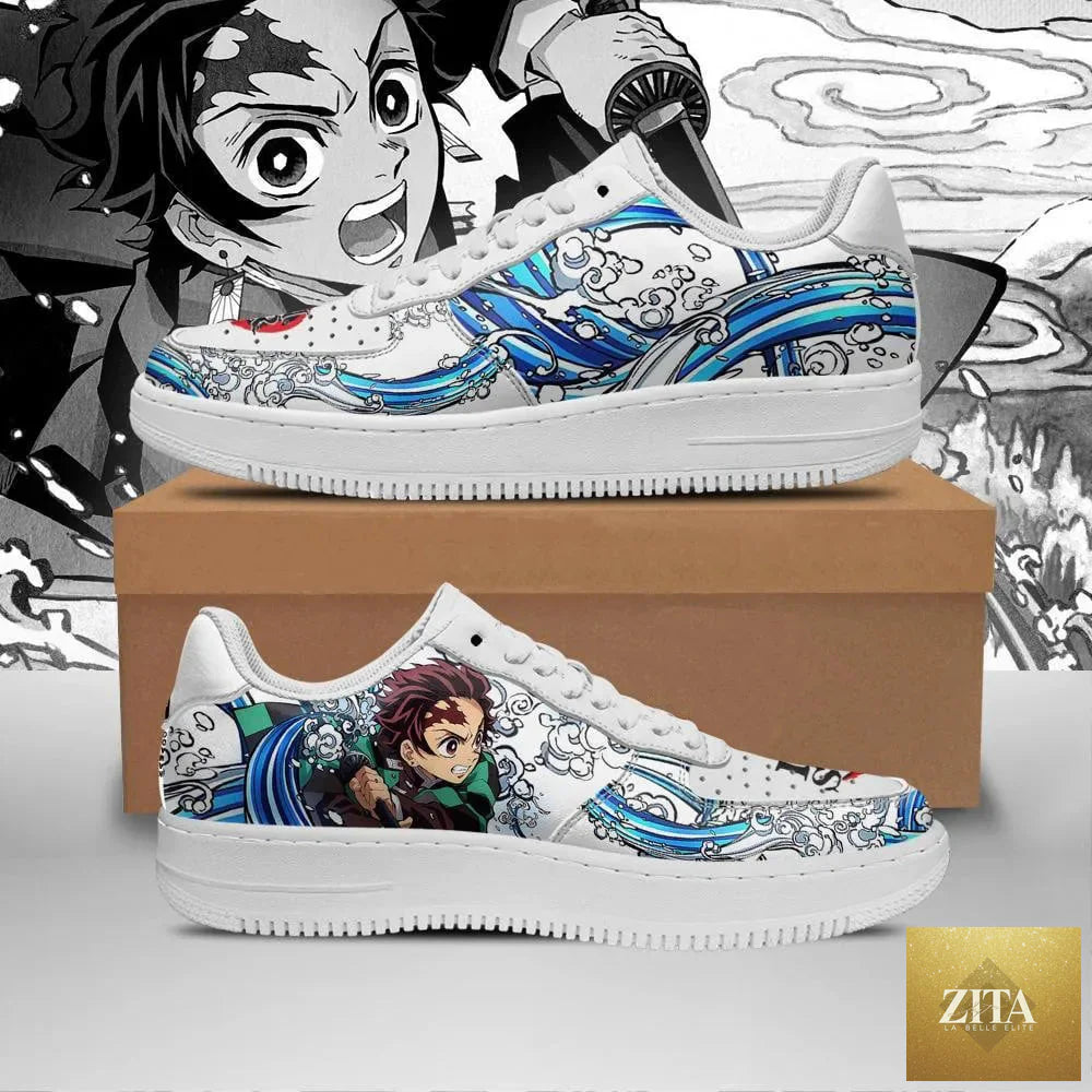 Demon Slayer sneakers featuring Tanjiro and Nezuko characters on low-top shoes by Infinite Visibility.