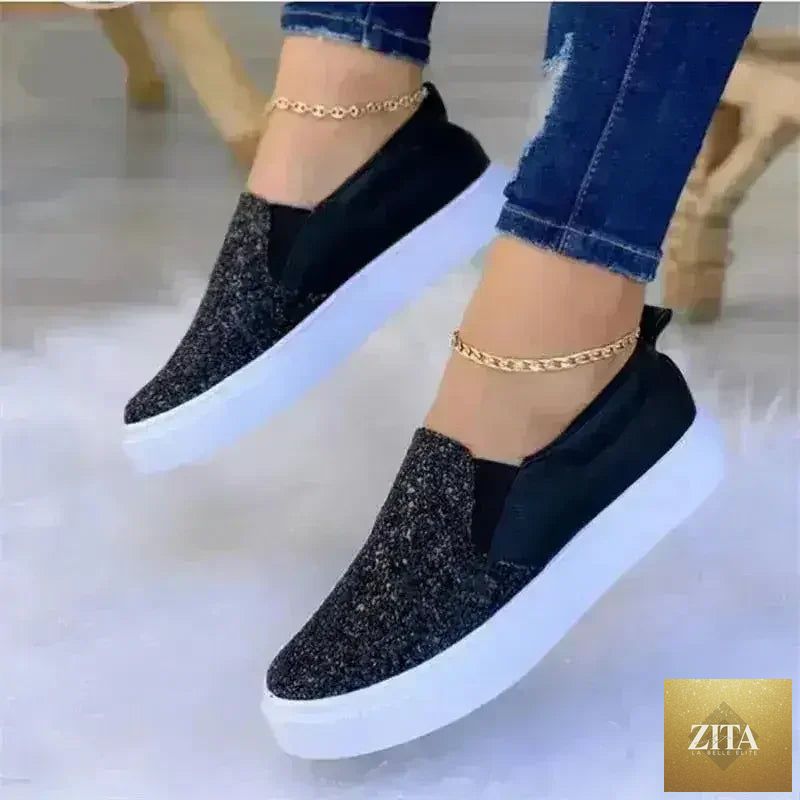 Femstylo glitter moccasin loafers for women in rose gold, black, and gold with a shiny, stylish design.