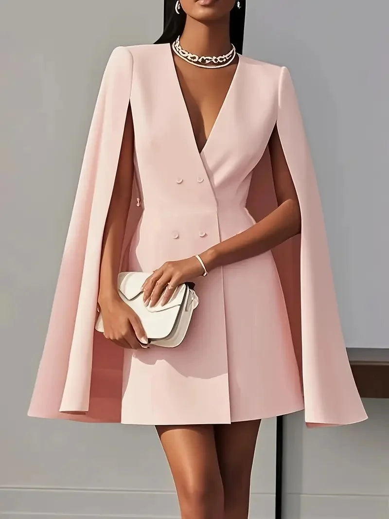Women Midi Fashion Solid Blazers Dress Double Breasted Waist Party Dress Elegant V-neck Shawl Cape Sleeve