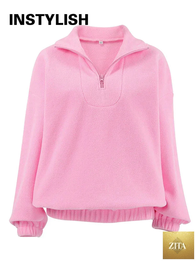 Women’s autumn winter fleece hoodie with stand collar, zipper, loose fit, solid color, casual streetwear by LadyShow.