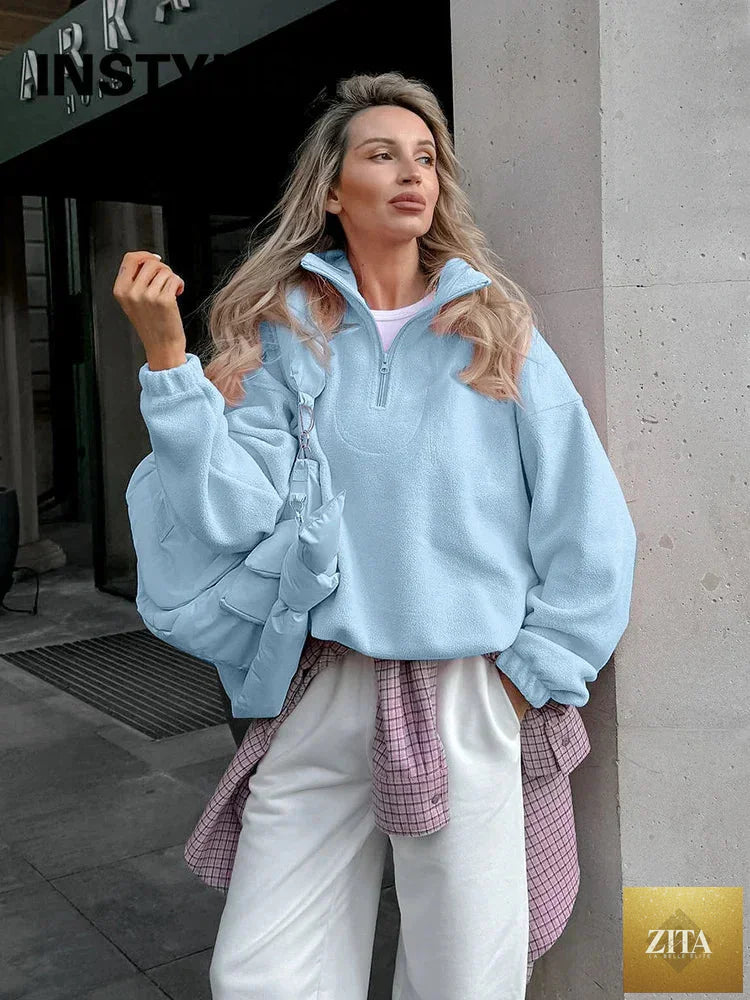 Women’s autumn winter fleece hoodie by LadyShow featuring a stand collar, zipper, loose fit, solid color, casual streetwear style.